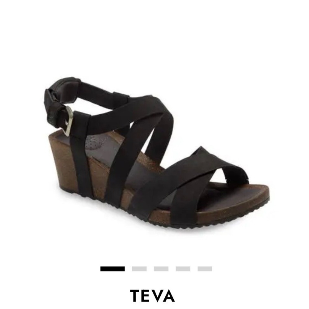 Teva Mahonia Black Leather Cross Strap Cork Wedge Sandals Heel Comfy Women's 7.5